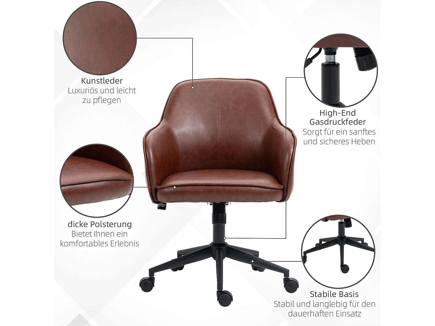 Fauteuil de bureau avec fonction bascule, réglable 93-101 cm, jusqu'à 120 kg, simili cuir marron, chaise d'ordinateur confortable et élégante