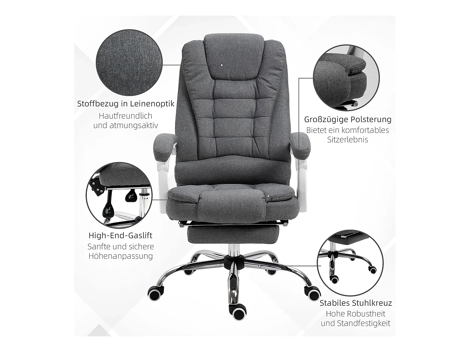 Chaise de bureau ergonomique avec repose-pieds rabattable, réglable en hauteur et inclinable, gris, confortable pour home office