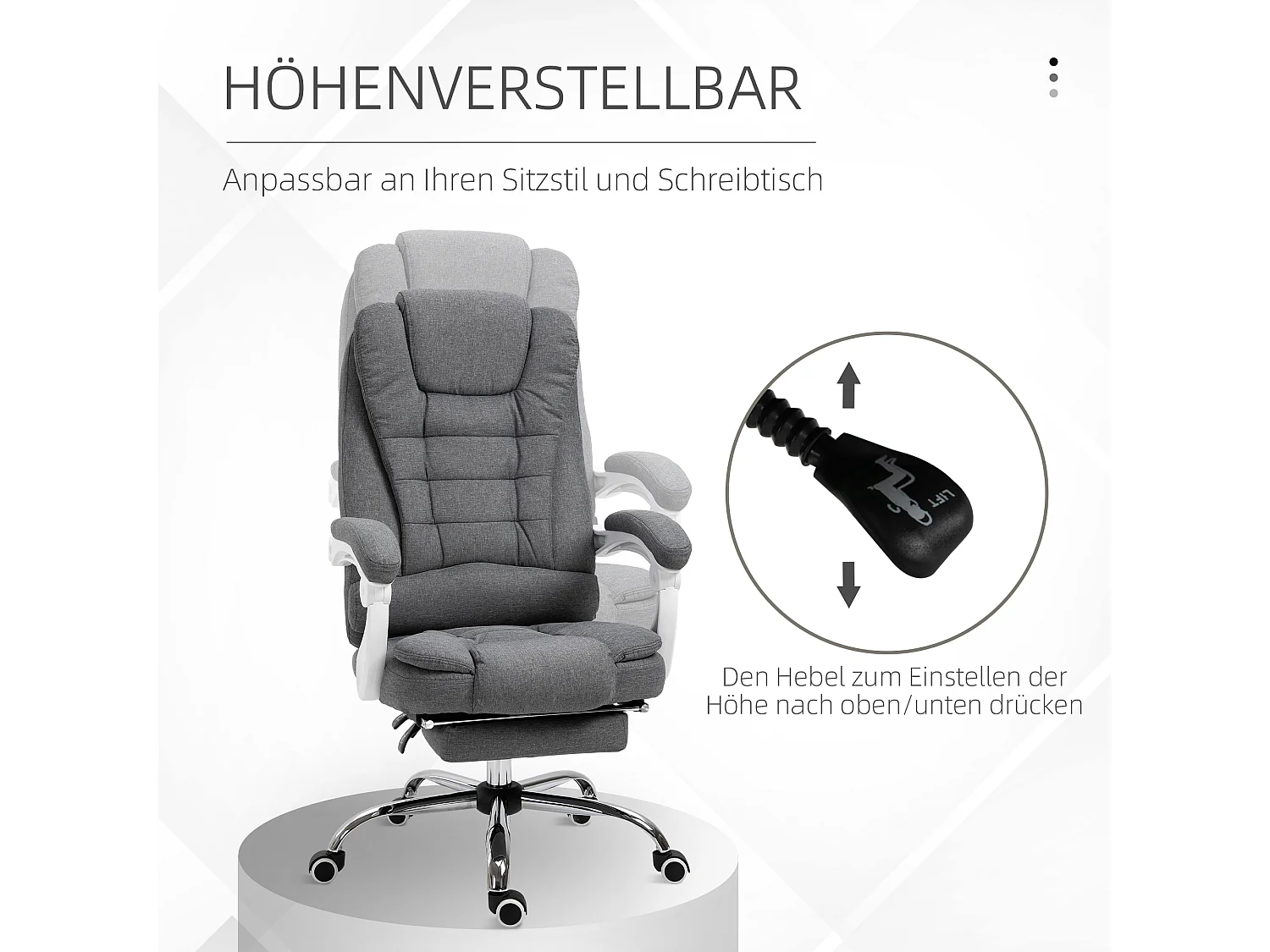 Ergonomische bureaustoel met opklapbare voetensteun, in hoogte verstelbaar en kantelbaar, grijs, comfortabel voor thuiskantoor