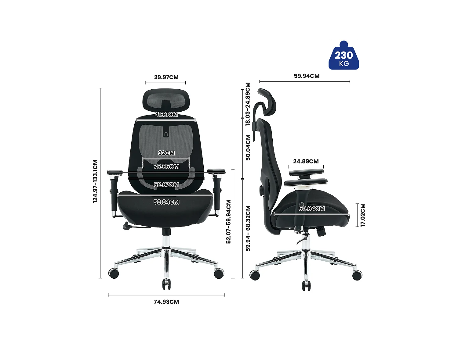 Chaise de bureau ergonomique pour grande taille, 230 kg, accoudoirs 4D réglables, dossier haut en mesh, soutien lombaire et appui-tête, home office