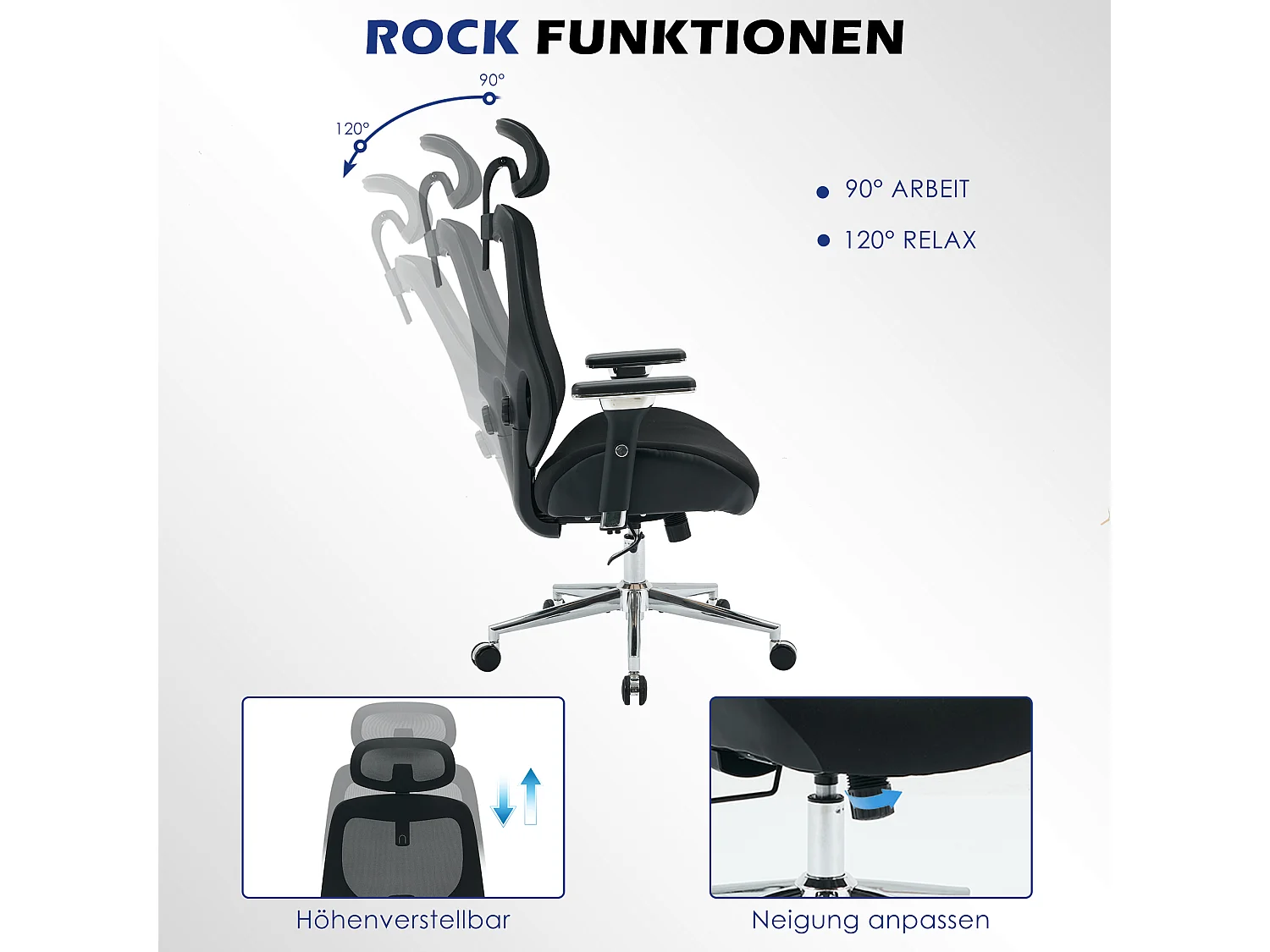 Chaise de bureau ergonomique pour grande taille, 230 kg, accoudoirs 4D réglables, dossier haut en mesh, soutien lombaire et appui-tête, home office