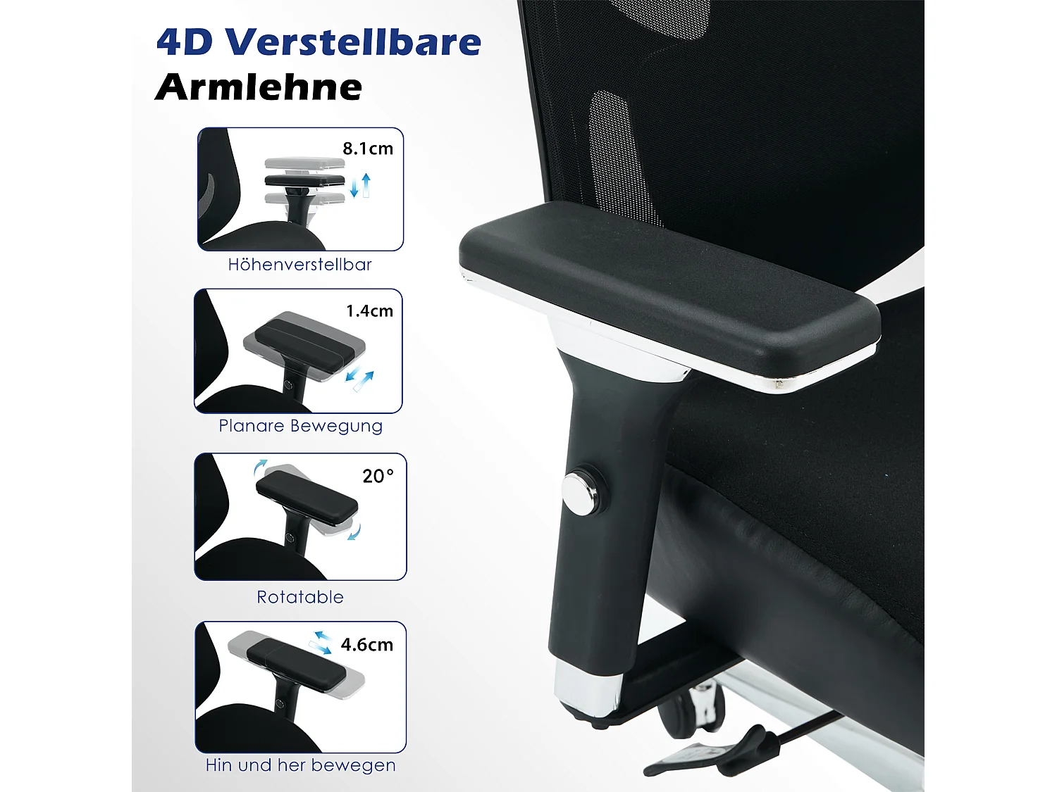 Chaise de bureau ergonomique pour grande taille, 230 kg, accoudoirs 4D réglables, dossier haut en mesh, soutien lombaire et appui-tête, home office