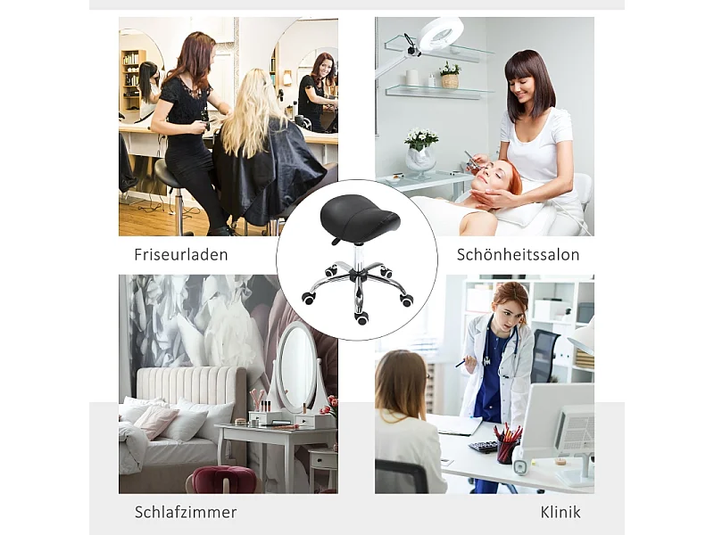 Tabouret selle pivotant, réglable en hauteur et rembourré, couleur noir, idéal pour salon de beauté ou bureau, confortable et pratique