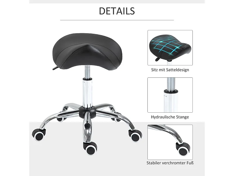 Tabouret selle pivotant, réglable en hauteur et rembourré, couleur noir, idéal pour salon de beauté ou bureau, confortable et pratique
