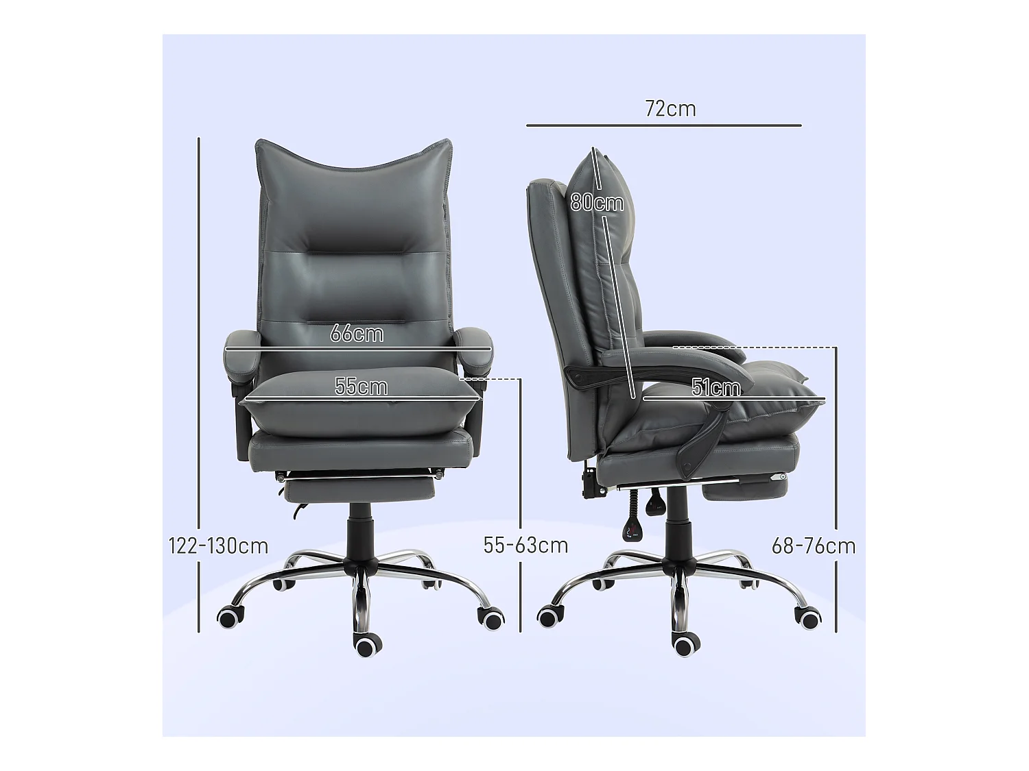 Fauteuil de bureau ergonomique avec repose-pieds, hauteur réglable, assise rembourrée, supporte jusqu'à 135 kg, gris, idéal pour bureau