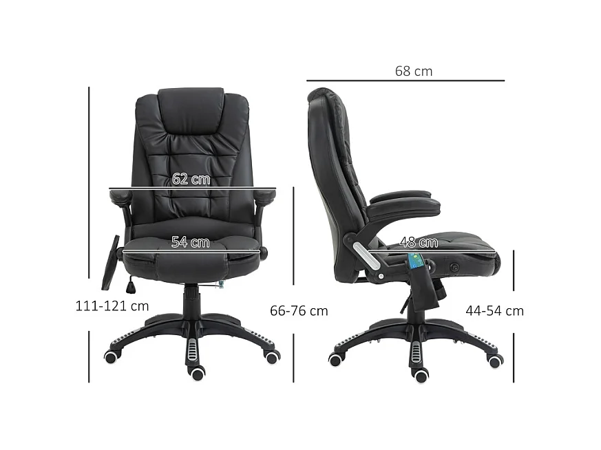 Chaise de bureau avec dossier haut, fonction massage, pivotant, revêtement cuir synthétique noir, confortable pour bureau ou home office