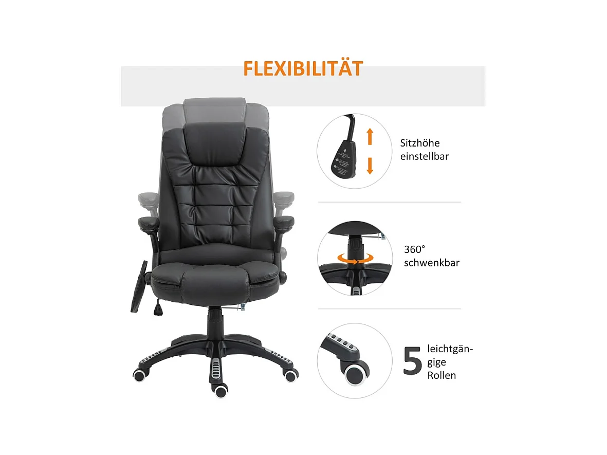 Chaise de bureau avec dossier haut, fonction massage, pivotant, revêtement cuir synthétique noir, confortable pour bureau ou home office