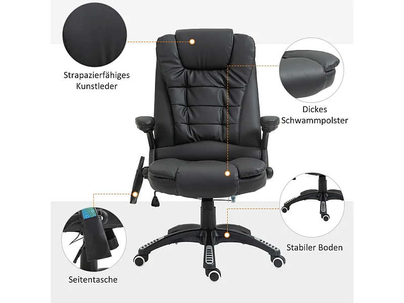 Chaise de bureau avec dossier haut, fonction massage, pivotant, revêtement cuir synthétique noir, confortable pour bureau ou home office