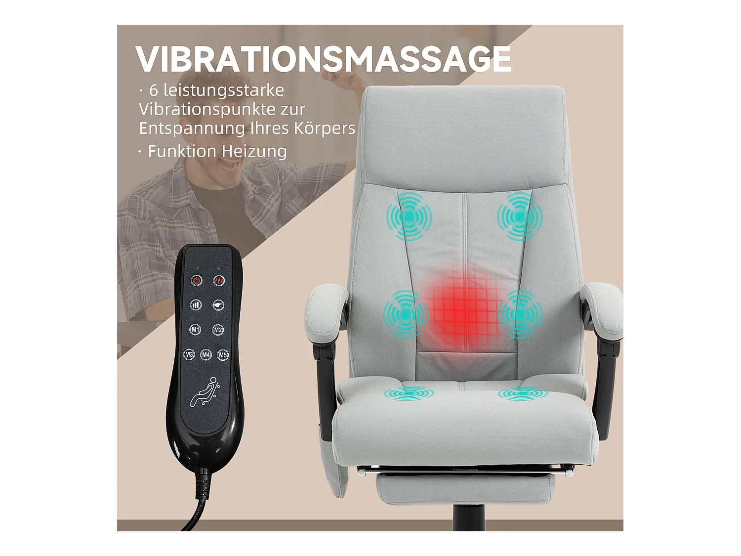 Fauteuil de bureau ergonomique avec fonction massage, repose-pieds réglable, assise confortable gris clair, idéal pour bureau et home office