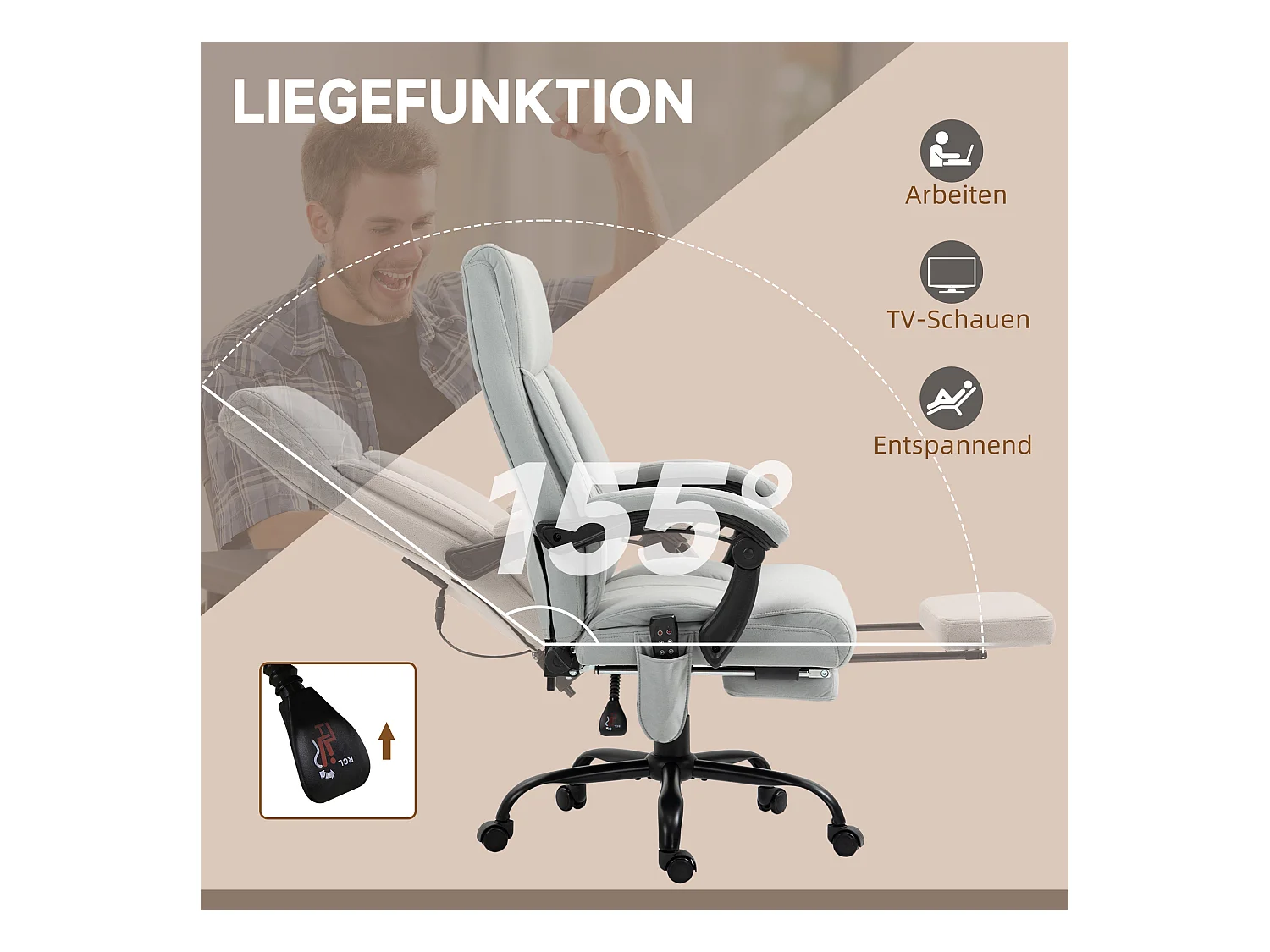 Fauteuil de bureau ergonomique avec fonction massage, repose-pieds réglable, assise confortable gris clair, idéal pour bureau et home office