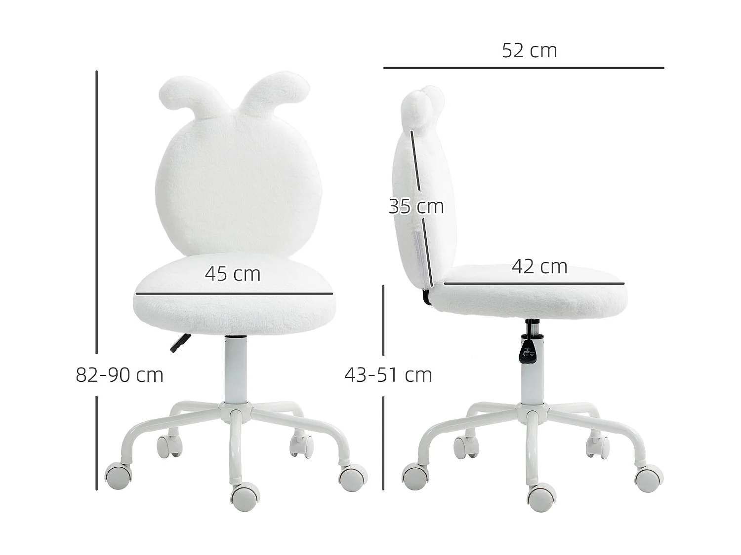 Chaise de bureau avec oreilles de lapin, pivotante et réglable en hauteur, siège en velours pour maquillage, chambre ou home office, blanc