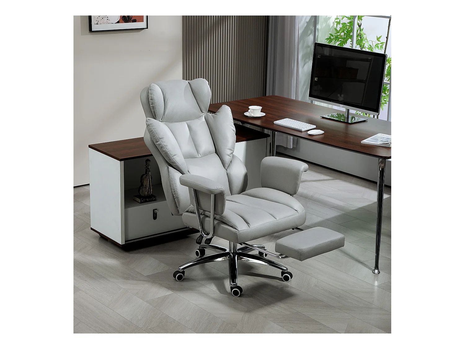 Chaise de bureau ergonomique, pivotant et réglable en hauteur avec repose-pieds, supporte jusqu'à 120 kg, gris clair, idéal pour bureau