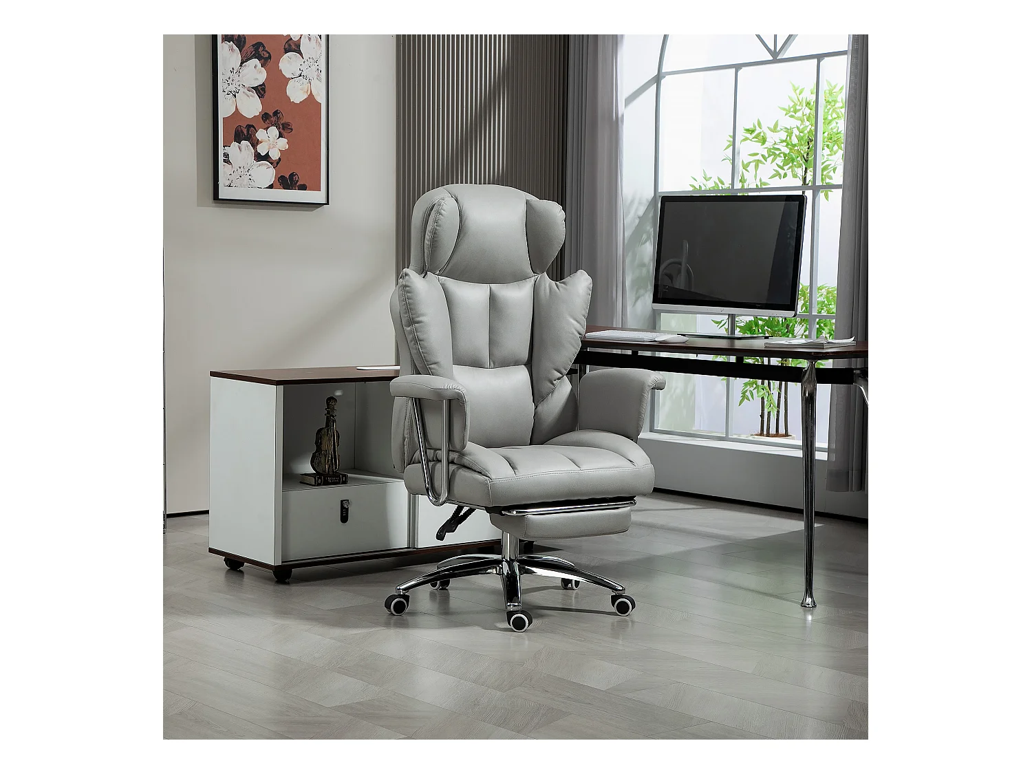 Chaise de bureau ergonomique, pivotant et réglable en hauteur avec repose-pieds, supporte jusqu'à 120 kg, gris clair, idéal pour bureau