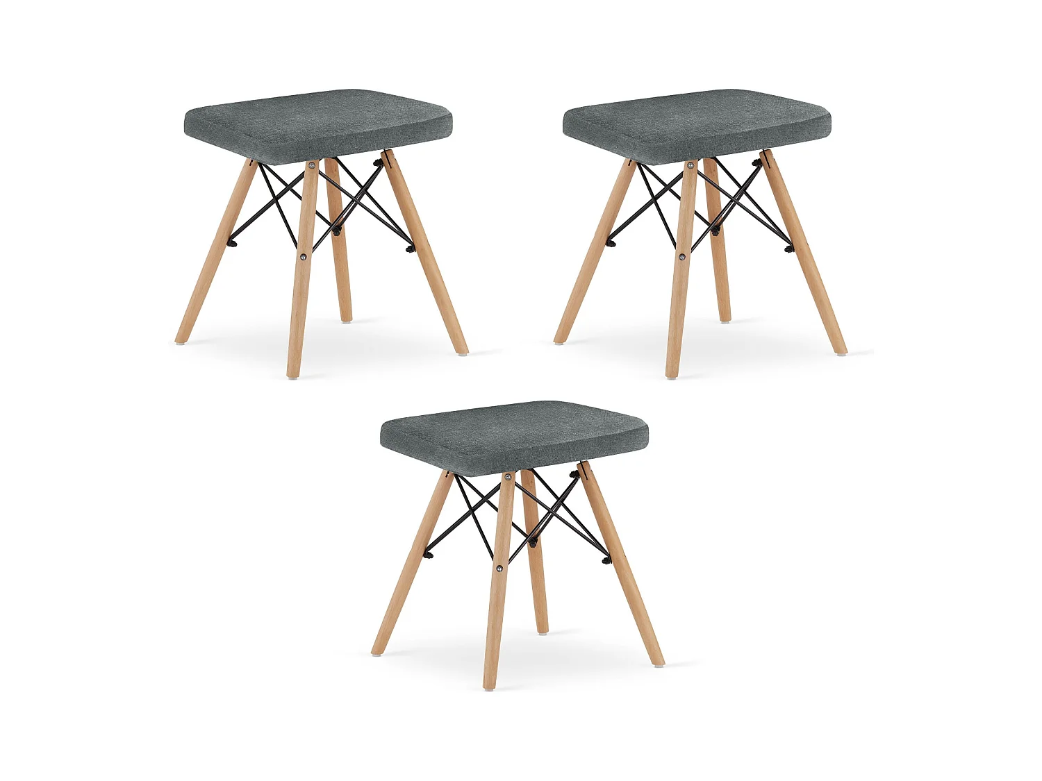 Lot de 3 tabourets Valora PEKO en tissu gris avec pieds en hêtre