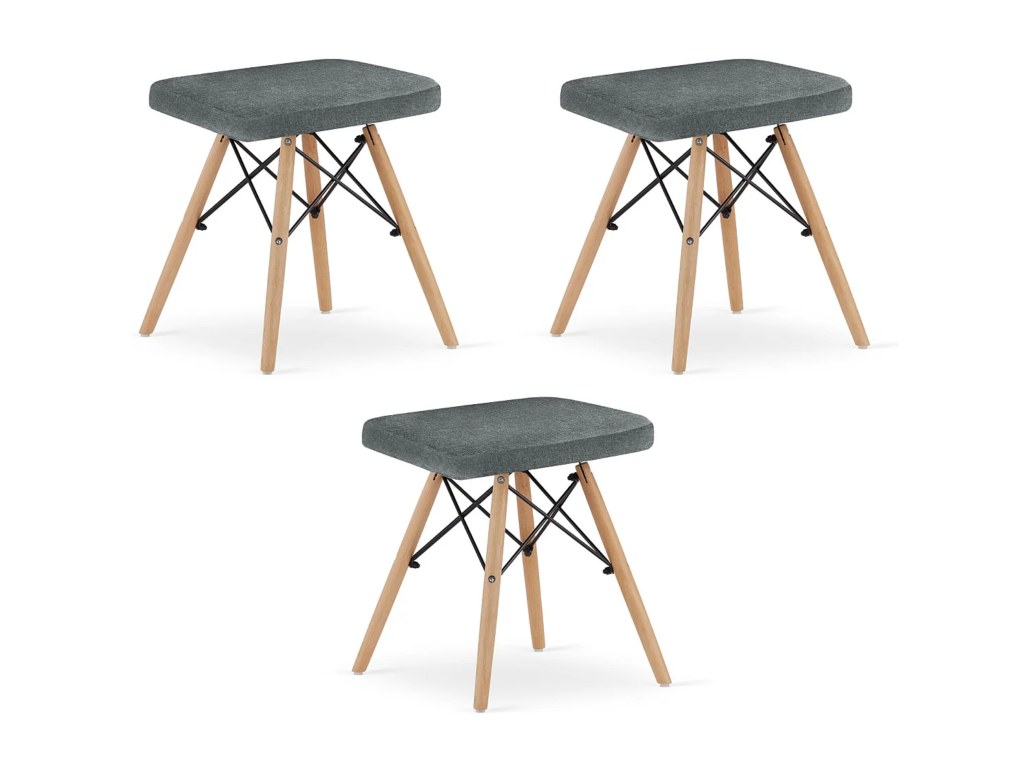 Lot de 3 tabourets Valora PEKO en tissu gris avec pieds en hêtre
