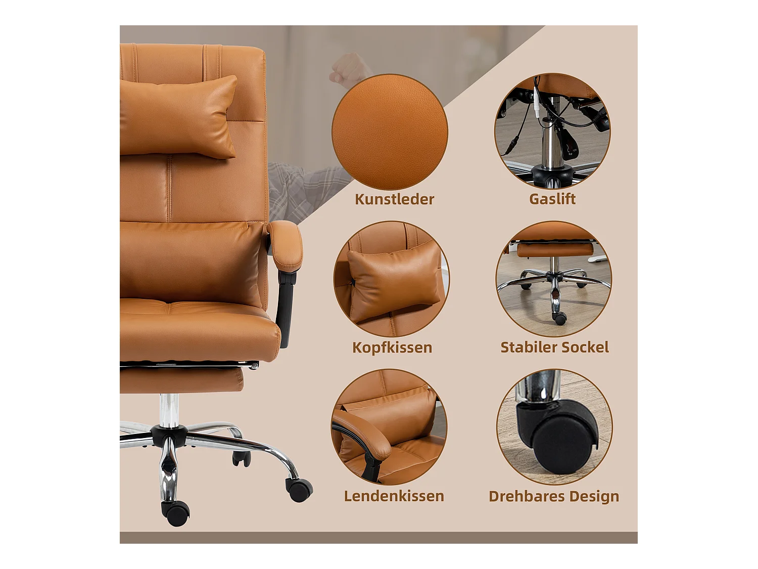 Fauteuil de bureau avec massage et chauffage lombaire, 6 points de massage, 5 modes, supporte 120 kg, simili cuir Marron clair