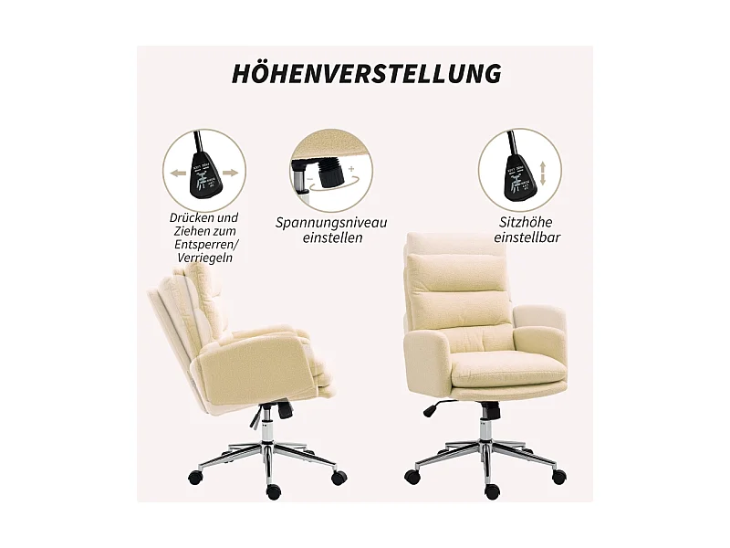 Fauteuil de bureau ergonomique, revêtement imitation laine, pivotant avec fonction bascule, siège rembourré, , pour home office