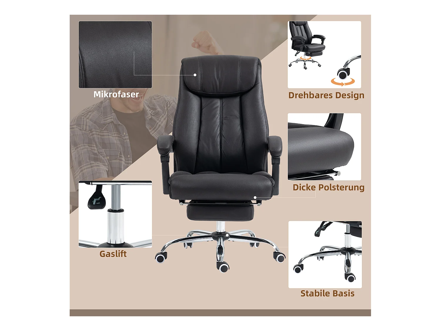 Fauteuil de bureau ergonomique, réglable en hauteur,  avec fonction relax, jusqu'à 120 kg, noir, pour un confort optimal au travail