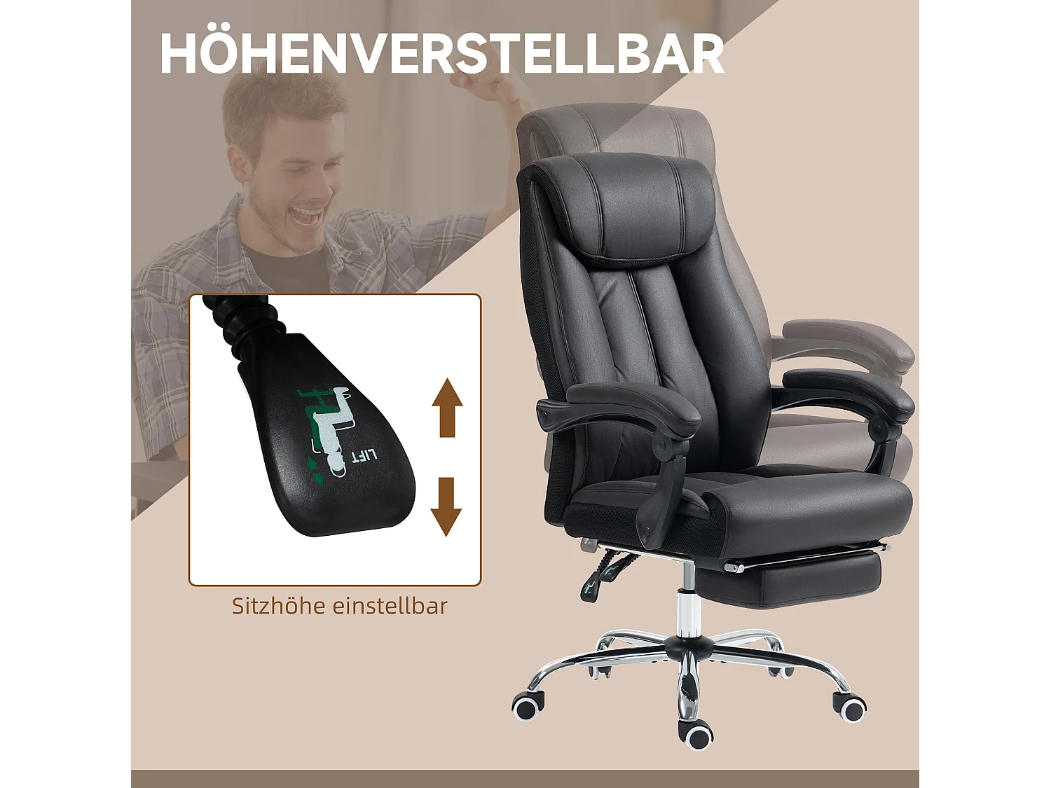 Fauteuil de bureau ergonomique, réglable en hauteur,  avec fonction relax, jusqu'à 120 kg, noir, pour un confort optimal au travail