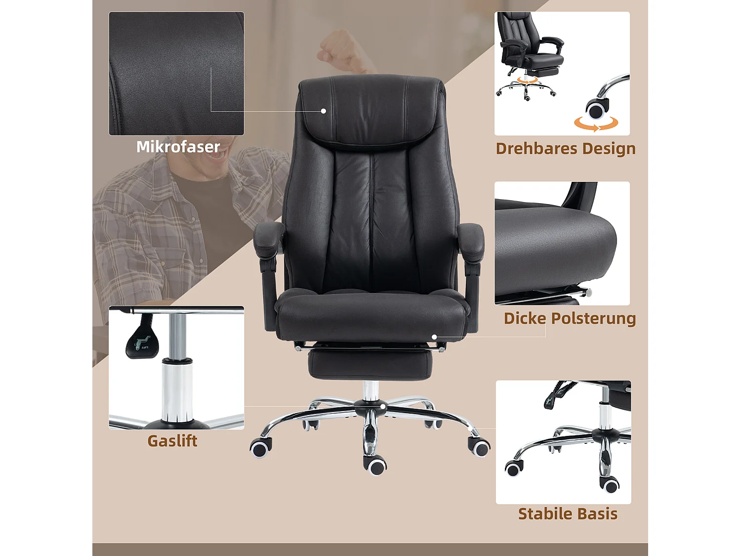 Fauteuil de bureau ergonomique, réglable en hauteur,  avec fonction relax, jusqu'à 120 kg, noir, pour un confort optimal au travail