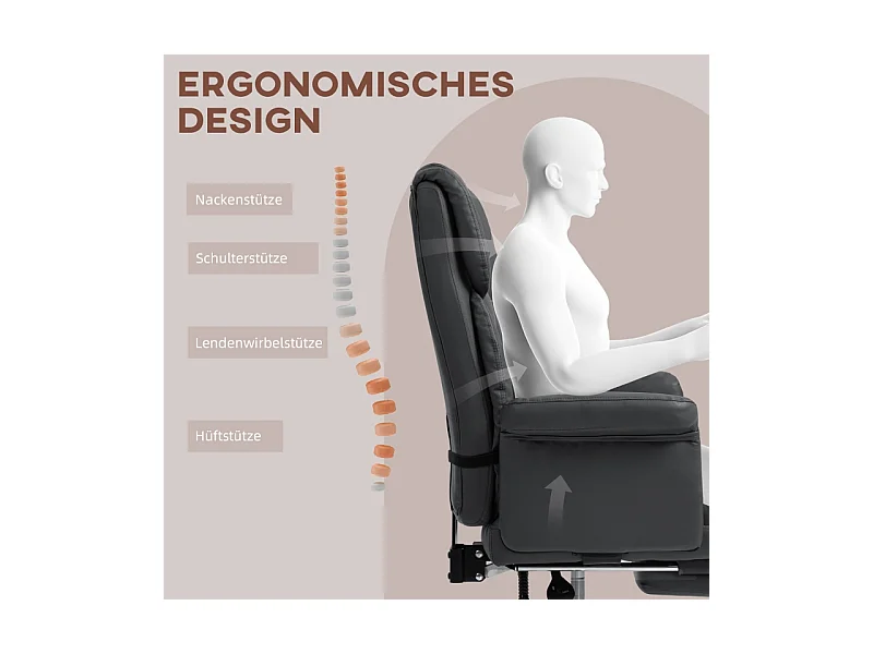 Chaise de bureau ergonomique avec coussin lombaire et repose-pieds, réglable en hauteur, pivotante, pour home office, simili cuir, noir