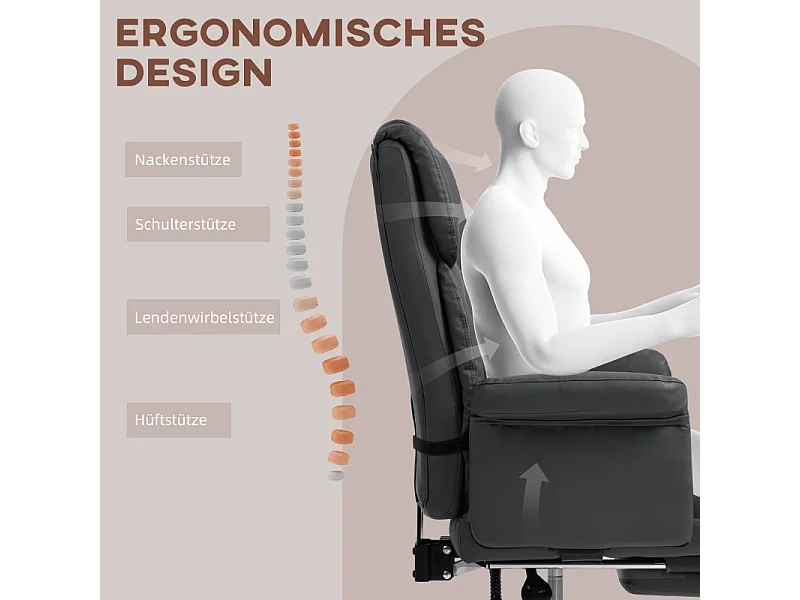 Chaise de bureau ergonomique avec coussin lombaire et repose-pieds, réglable en hauteur, pivotante, pour home office, simili cuir, noir