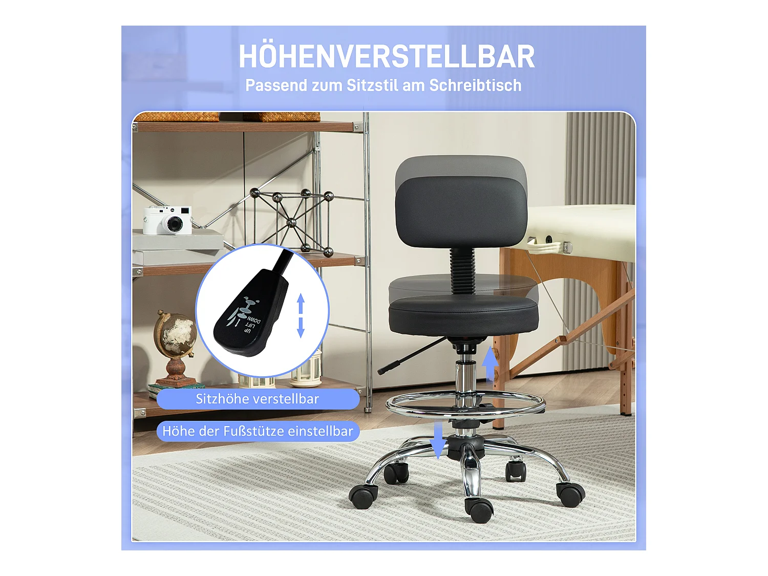 Chaise de bureau ergonomique, tabouret dessin, hauteur réglable avec repose-pieds, fauteuil pivotant, pour bureau ou salon, simili cuir noir