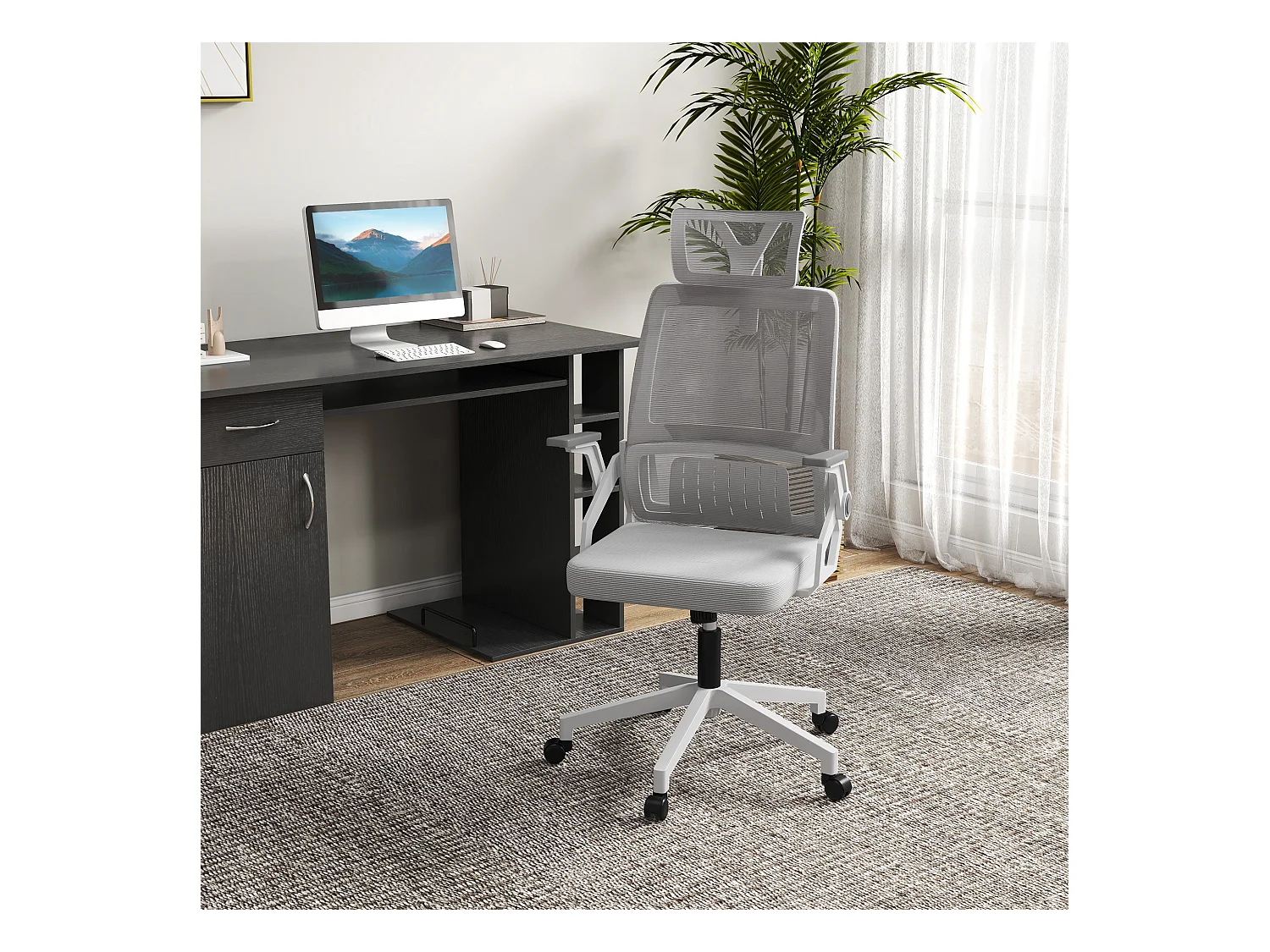 Chaise de bureau ergonomique avec appui-tête, siège pivotant réglable en hauteur, fonction bascule, soutien lombaire en mesh
