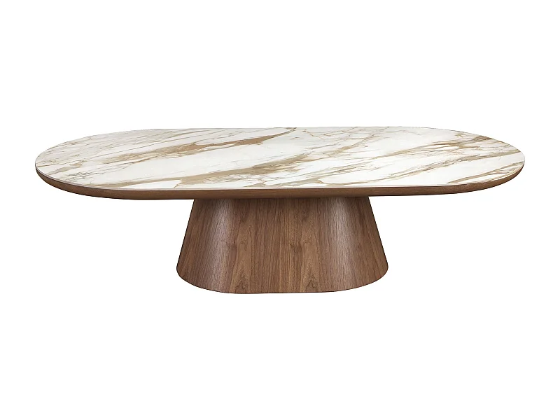 Tavolino ovale semicircolare in marmo porcellanato e noce