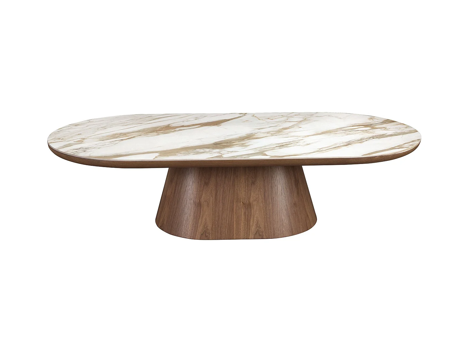 Tavolino ovale semicircolare in marmo porcellanato e noce