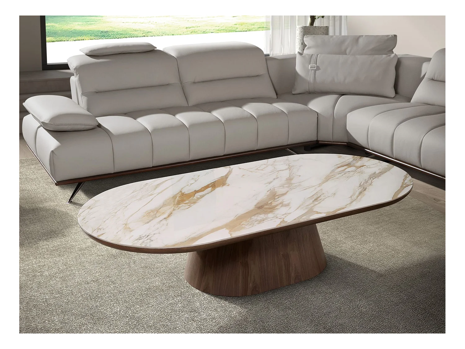 Tavolino ovale semicircolare in marmo porcellanato e noce