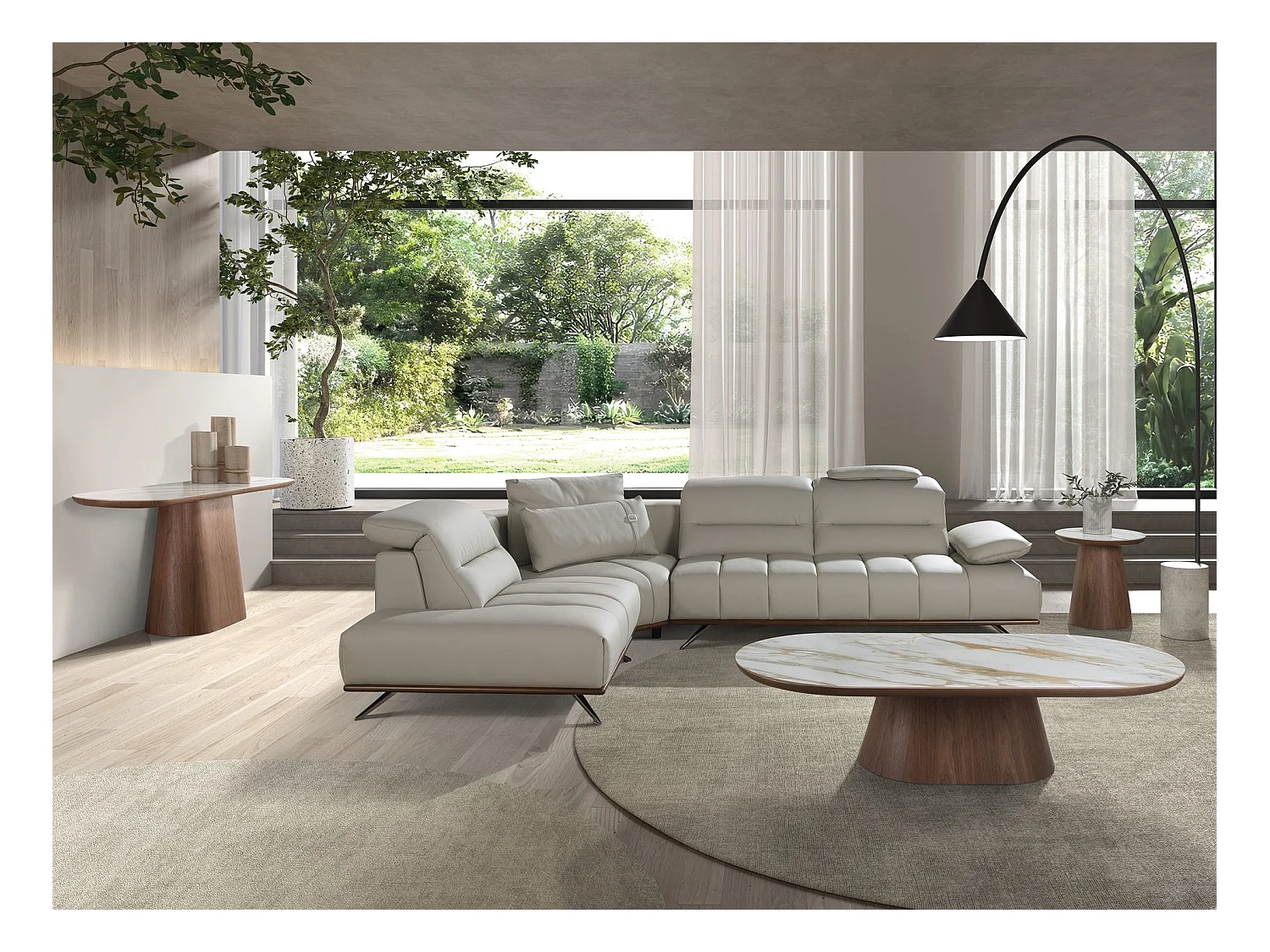 Tavolino ovale semicircolare in marmo porcellanato e noce