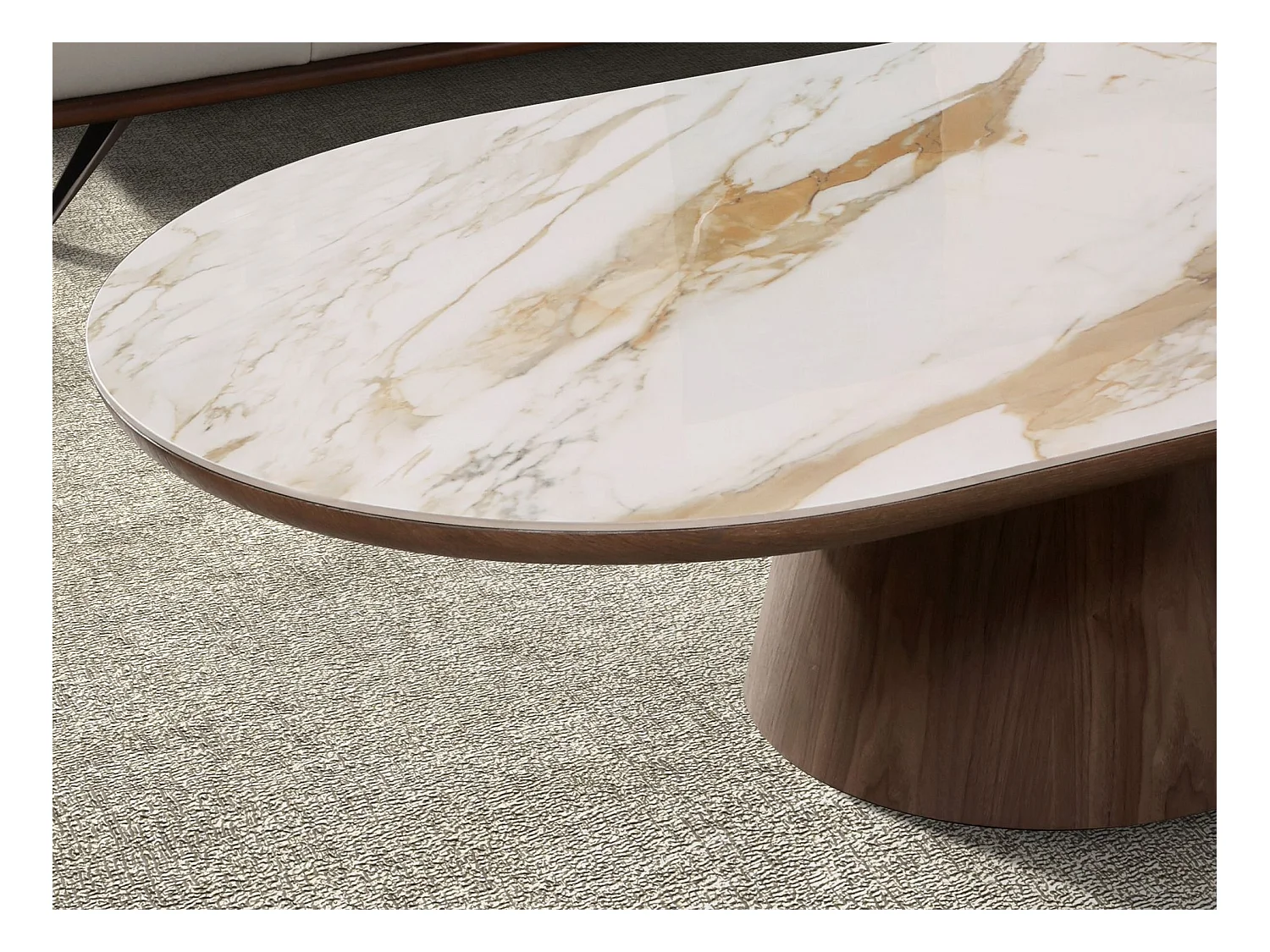 Tavolino ovale semicircolare in marmo porcellanato e noce