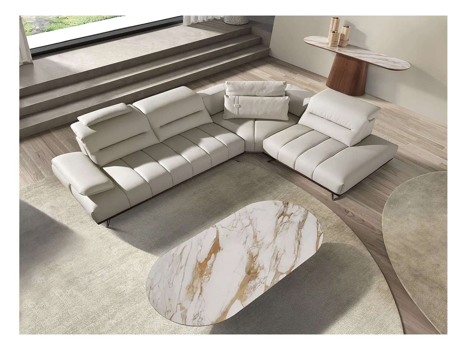 Tavolino ovale semicircolare in marmo porcellanato e noce