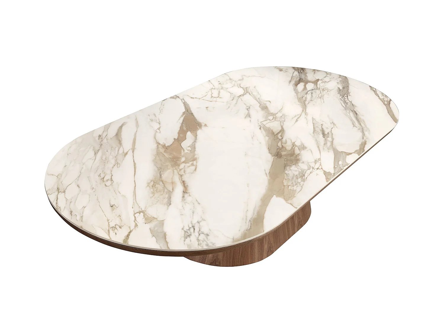 Tavolino ovale semicircolare in marmo porcellanato e noce