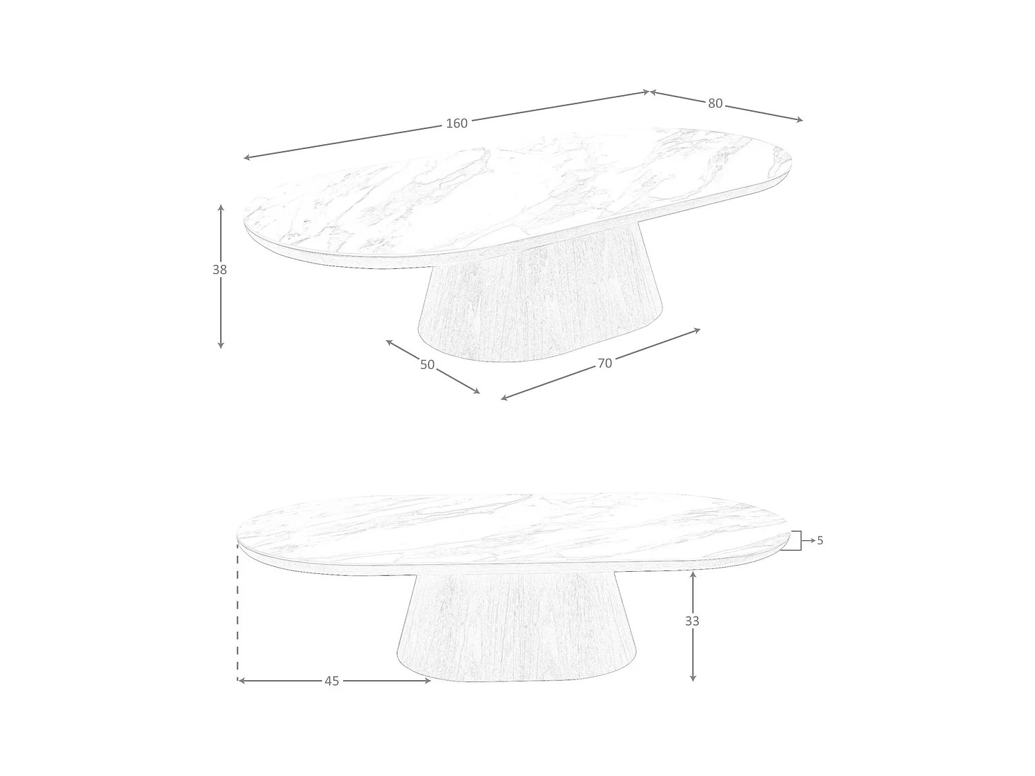 Tavolino ovale semicircolare in marmo porcellanato e noce