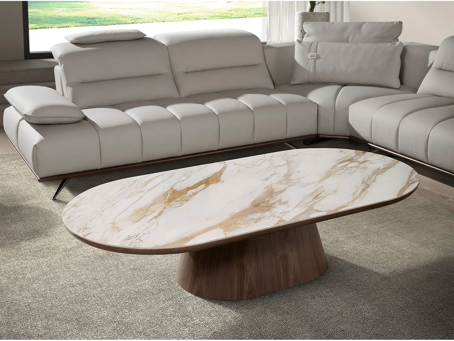 Ovaler halbrunder Couchtisch aus Porzellanmarmor und Nussbaum 2160 ANGEL CERDA