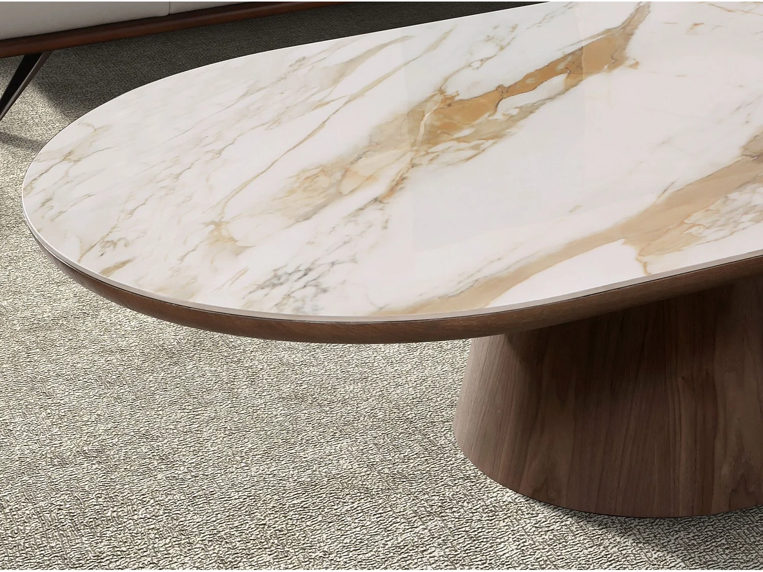 Ovaler halbrunder Couchtisch aus Porzellanmarmor und Nussbaum 2160 ANGEL CERDA