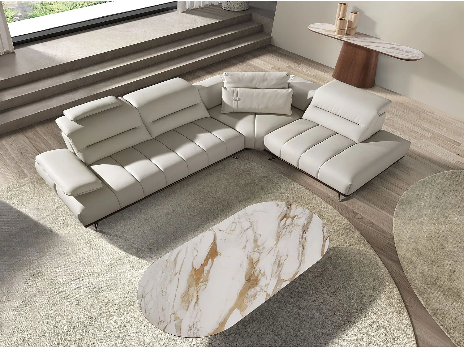 Ovaler halbrunder Couchtisch aus Porzellanmarmor und Nussbaum 2160 ANGEL CERDA