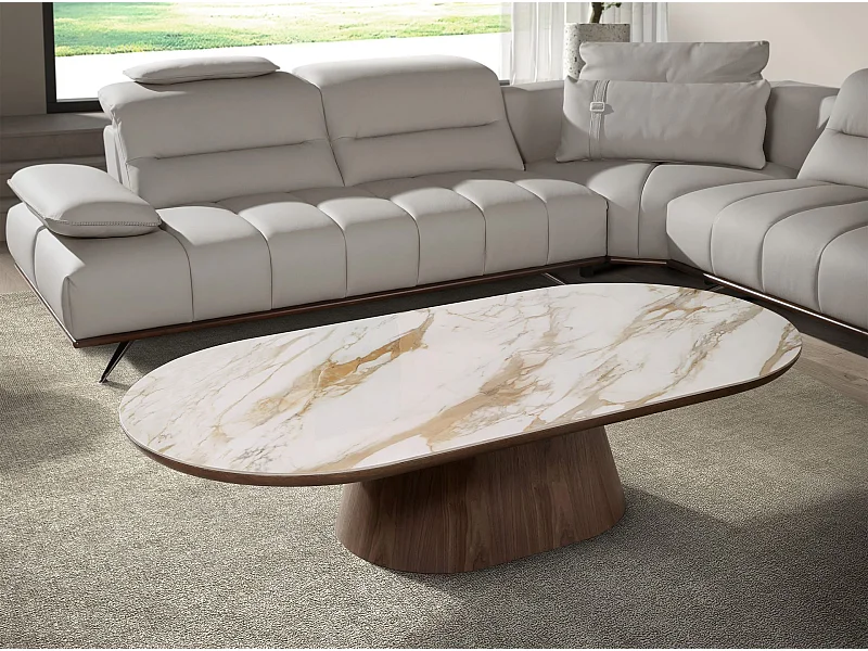 Ovaler halbrunder Couchtisch aus Porzellanmarmor und Nussbaum 2160 ANGEL CERDA