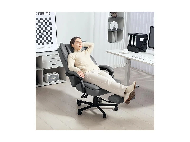 Chaise de bureau ergonomique avec fonction massage et inclinable, réglable en hauteur, pivotante, avec repose-pieds, gris, confortable et pratique