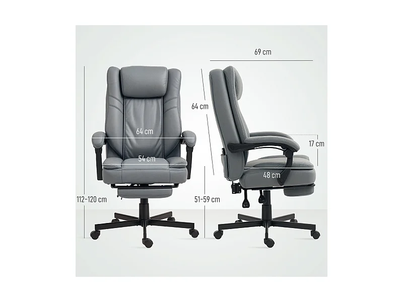 Chaise de bureau ergonomique avec fonction massage et inclinable, réglable en hauteur, pivotante, avec repose-pieds, gris, confortable et pratique