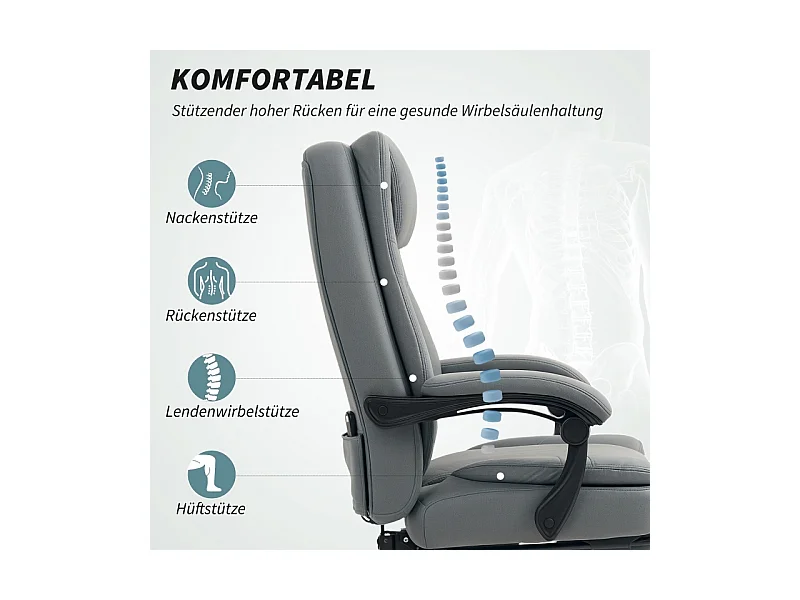 Chaise de bureau ergonomique avec fonction massage et inclinable, réglable en hauteur, pivotante, avec repose-pieds, gris, confortable et pratique