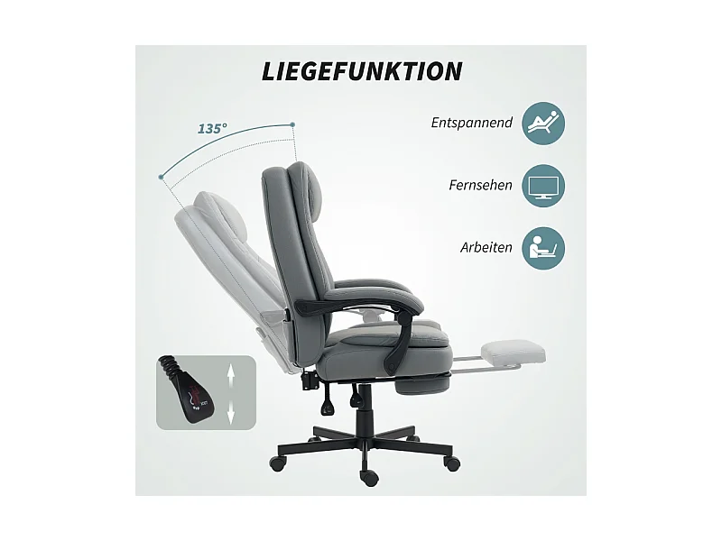 Chaise de bureau ergonomique avec fonction massage et inclinable, réglable en hauteur, pivotante, avec repose-pieds, gris, confortable et pratique
