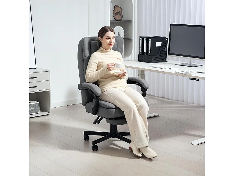 Chaise de bureau ergonomique avec fonction massage et inclinable, réglable en hauteur, pivotante, avec repose-pieds, gris, confortable et pratique