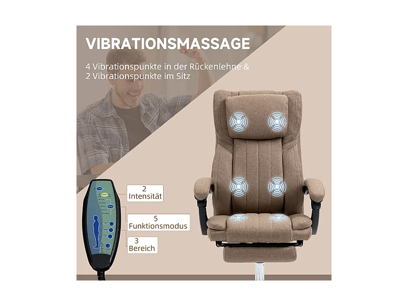 Fauteuil de bureau ergonomique avec fonction massage, dossier et appui-tête réglables, repose-pieds, réglable en hauteur, revêtement lin Marron