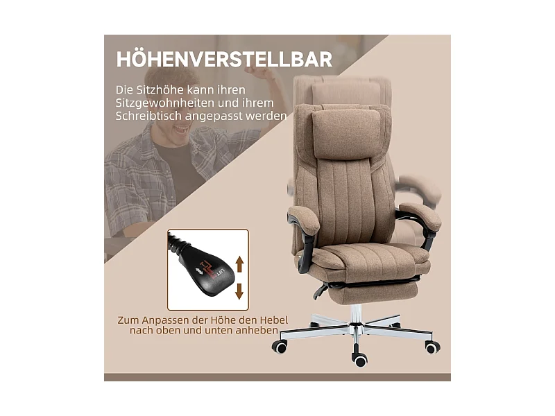 Fauteuil de bureau ergonomique avec fonction massage, dossier et appui-tête réglables, repose-pieds, réglable en hauteur, revêtement lin Marron