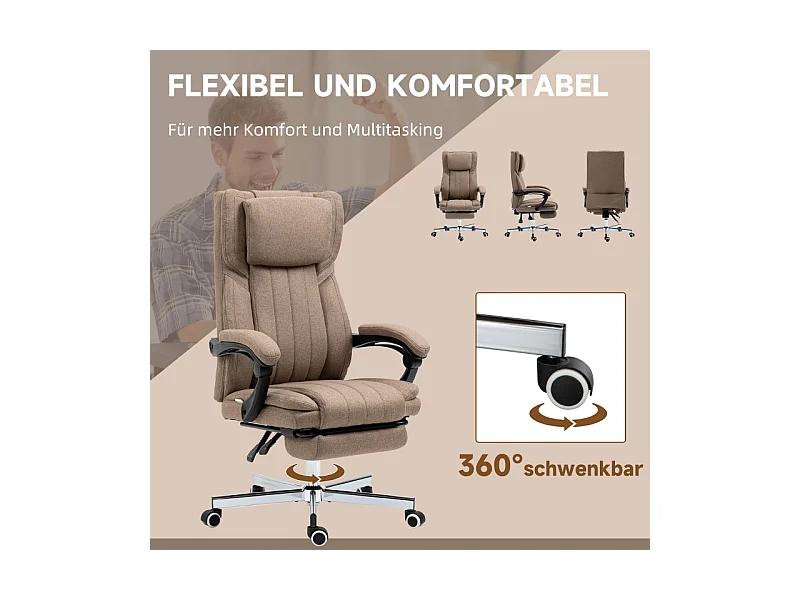 Fauteuil de bureau ergonomique avec fonction massage, dossier et appui-tête réglables, repose-pieds, réglable en hauteur, revêtement lin Marron