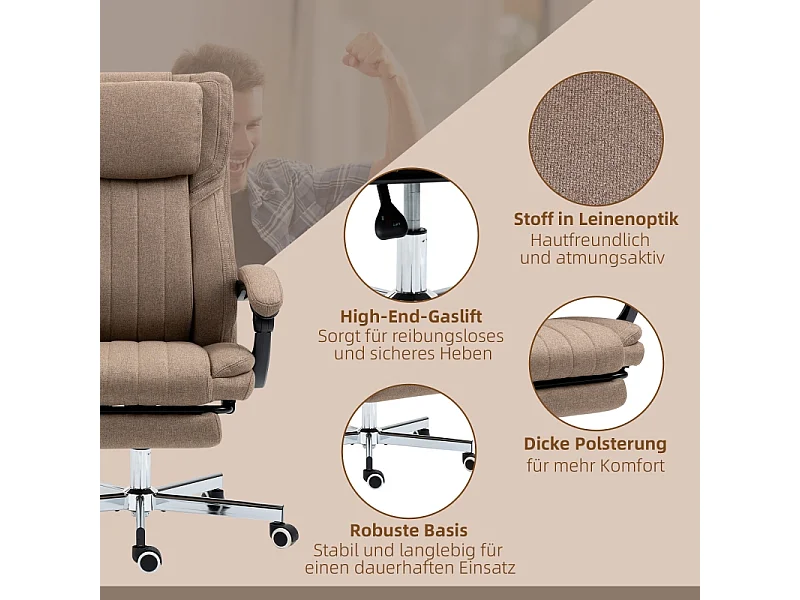 Fauteuil de bureau ergonomique avec fonction massage, dossier et appui-tête réglables, repose-pieds, réglable en hauteur, revêtement lin Marron