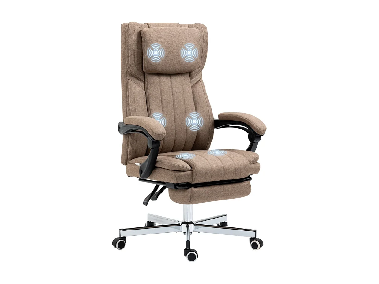 Fauteuil de bureau ergonomique avec fonction massage, dossier et appui-tête réglables, repose-pieds, réglable en hauteur, revêtement lin Marron
